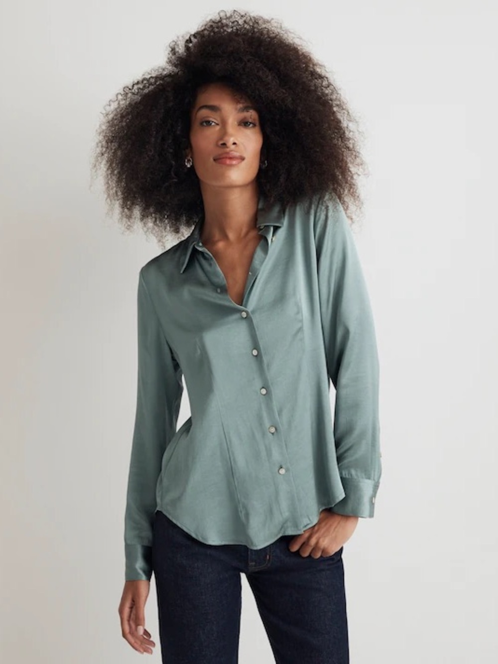 Madewell Darted Satin Button-Up Shirt Pale Eucalyptus Size 4 NN947